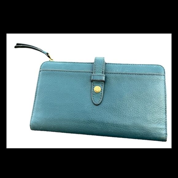 Fossil Teal Green Pebbled Leather Zip Around Credit Card Wallet Wristlet Clutch - Picture 2 of 7